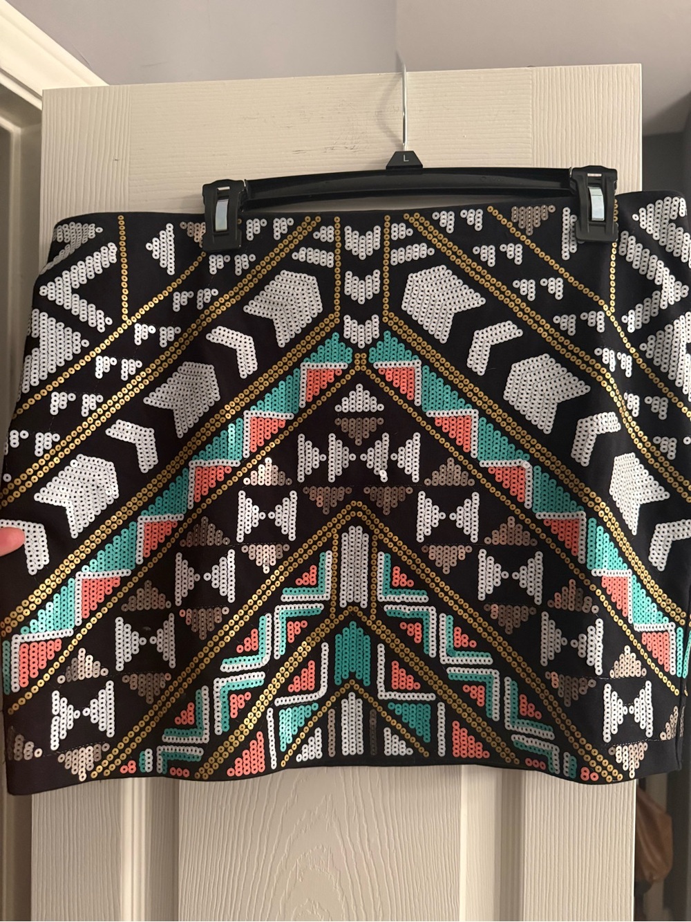 Express Black Mini Skirt with Teal, Coral and Gold Sequin Geometric Pattern